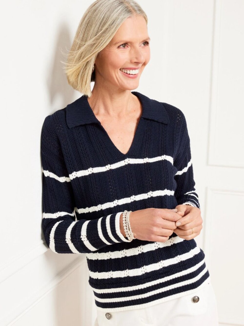 NWT TALBOTS Johnny Collar Sweater - Breton Stripe Navy & White Size L